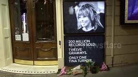 First floral tributes to Tina Turner outside Aldwych Theatre in West End on the night the music legend died