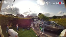 Excited kid's superhero roleplay abruptly ends after he bangs his head on car door