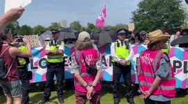 Transgender rights activists counter-protest during Posie Parker's speech in Hyde Park, London