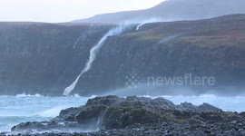 Strong Storm Gertrude winds blow waterfall upwards on the Isle of Skye