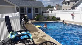 Dog gets on bodyboard to fetch ball