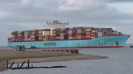 One of the first generation of ultra large container ships, the 397 metre long Evelyn Maersk, built in 2007, arrives at Felixstowe UK from Colombo at 6am on Monday 29 May 2023