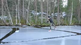 IS THIS daredevil brave or stupid after skating across a frozen lake where the thin layer of ice has broken up to reveal the freezing water below?