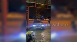 Pet ginger cat chills on top of moving car entering garage