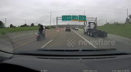 Speeding Motorcyclist Merges Last Minute