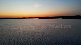 Sun set Drone flight over Chasewater reservoir near cannock west midlands