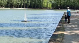 Remote control Electronic Sailing Ship. Remote boat. Paris suburb, Parc de Sceaux, France.