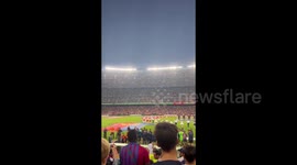 People Sing FC Barcelona Song During The Last Match at The Camp Nou in Barcelona, Spain