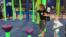 Canadian dad does incredible one legged, jumping trip at indoor trampoline house