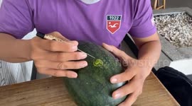 Man sculpting beautiful 3D flower with many textures on watermelon.