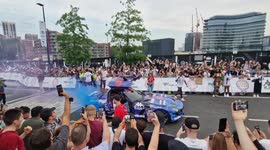 First Gumball 3000 car rally participants arrive at Battersea Power Station in south-west London