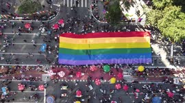 Aerial footage of Pride parade in Sao Paulo, Brazil