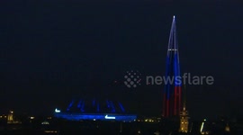 Lakhta tower lit up in tricolour of Russian Flag at Russia's Day In St Petersburg, Russia