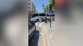 Tiny electric vehicle squished when bus ten times its size makes turn next to it