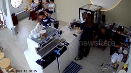 Glass coffee cup suddenly explodes into shards in cafe
