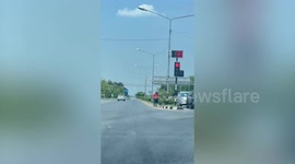 Car driver and motorcycle rider stop mid-traffic to save kitten lost on road