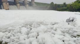 Blanket of white foam completely covers river in India's state of Tamil Nadu