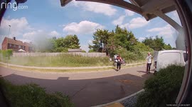 Shocking moment biker speeding along pavement almost hits young boys in Essex
