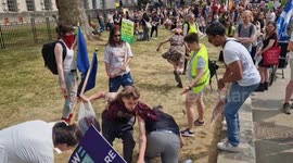 Pro-life protester falls from step stool after being confronted by pro-choice demonstrators in Whitehall