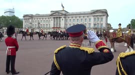 Trooping the Colour 2023 - King Charles III Birthday Parade proceeds outside Buckingham Palace to God Save the King