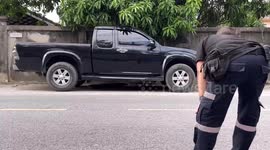 Animal handlers catch huge monitor lizard hiding under pickup truck
