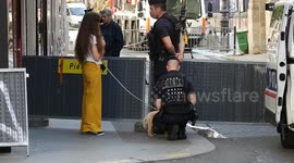 French Police officer petting a neighbor's dog after the explosion in Paris; Paris American School, France. 23 june 2023.
