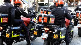 French firefighters moto patrol. During a intervention after the explosion at rue Saint-Jacques (Paris American Academy), France. 23 june 2023