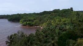 Incredibly beautiful Atlantic coastline. Aerial shots, beautiful scenery, ocean, sand, tropical fruits.  Africa, Equatorial Guinea.