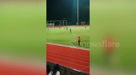 Playful dog runs onto football pitch and chases ball in front of astonished players