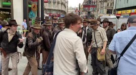 Indiana Jones fans dressed as their hero arrive at Leicester Square ahead of the premiere of Indiana Jones and the Dial of Destiny