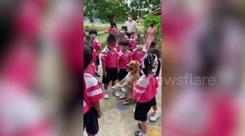 Pet dog sits down like a human as schoolchildren fuss over him in Thailand