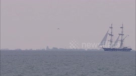 TS Royalist the Sea Cadet flagship arrives on Thames off Kent, UK