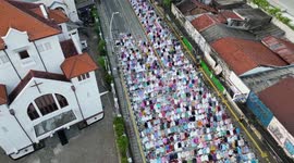 Drone footage shows dozens of Muslims worshippers celebrating Eid Al-Adha