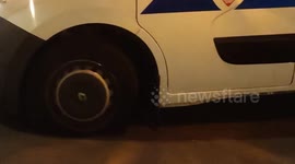 Police vehicles with flat tyres as French protesters use nails