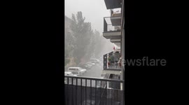 Heavy downpour continues in Berlin, Germany and leaves roads flooded