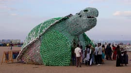 Chennai beach showcases massive turtle sculpture built from 600kg of plastic waste: an innovative call to action against single-use plastic