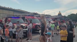Exhibition of fire brigade vehicles on Palace square due to 220th anniversary of fire servises in St Petersburg, Russia