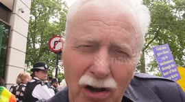 Chrostian preacher Peter Simpson protesta against London Pride Parade 2023