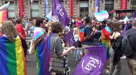 Cheerful crowds dance outside the Royal Academy of Arts on Piccadilly, celebrating Pride 2023—51 years after the first London LGBT+ Rights march