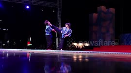 Young girl demonstrates martial arts techniques for self-defence and protection. International World Martial Arts Festival. The city of Chungju, South Korea.