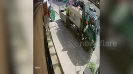 Quick-thinking worker climbs into lorry to pull handbrake as it rolls back