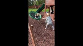 Siblings Play on Swing Set
