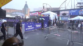 Hotdog Eating Contest Delayed Due To Heavy Rain On Independence Day In Coney Island Rain, NY, USA