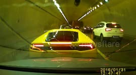 Car hits Lamborghini twice in road tunnel