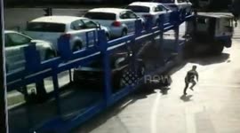 Four-year-old girl narrowly escapes being run over by massive lorry
