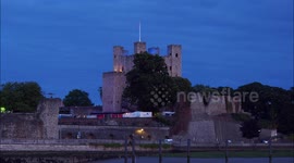 Rochester Castle lit up blue for NHS 75 in Kent, UK