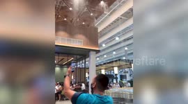 Waterfall-like leak stuns shoppers in supermarket