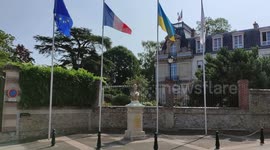 Ukraine flag floats with the European and french flags face to the City Hall of Plaisir, Paris suburb, France. 10 july 2023.  # Ukraine Russia War