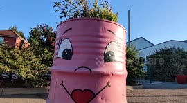 Pareidolia: flower barrel. Paris suburb, Bennecourt, France. 11 july 2023.