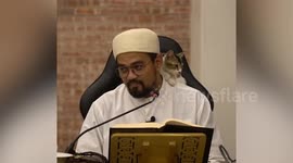 Affectionate cat grooms sheikh while he gives lecture in Malaysia